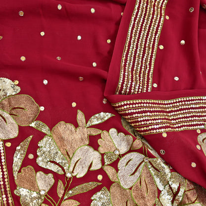 Indian Vintage Heavy Red Dupatta Pure Georgette Silk Long Stole Hand Embroidered Scarves Glass Beaded
