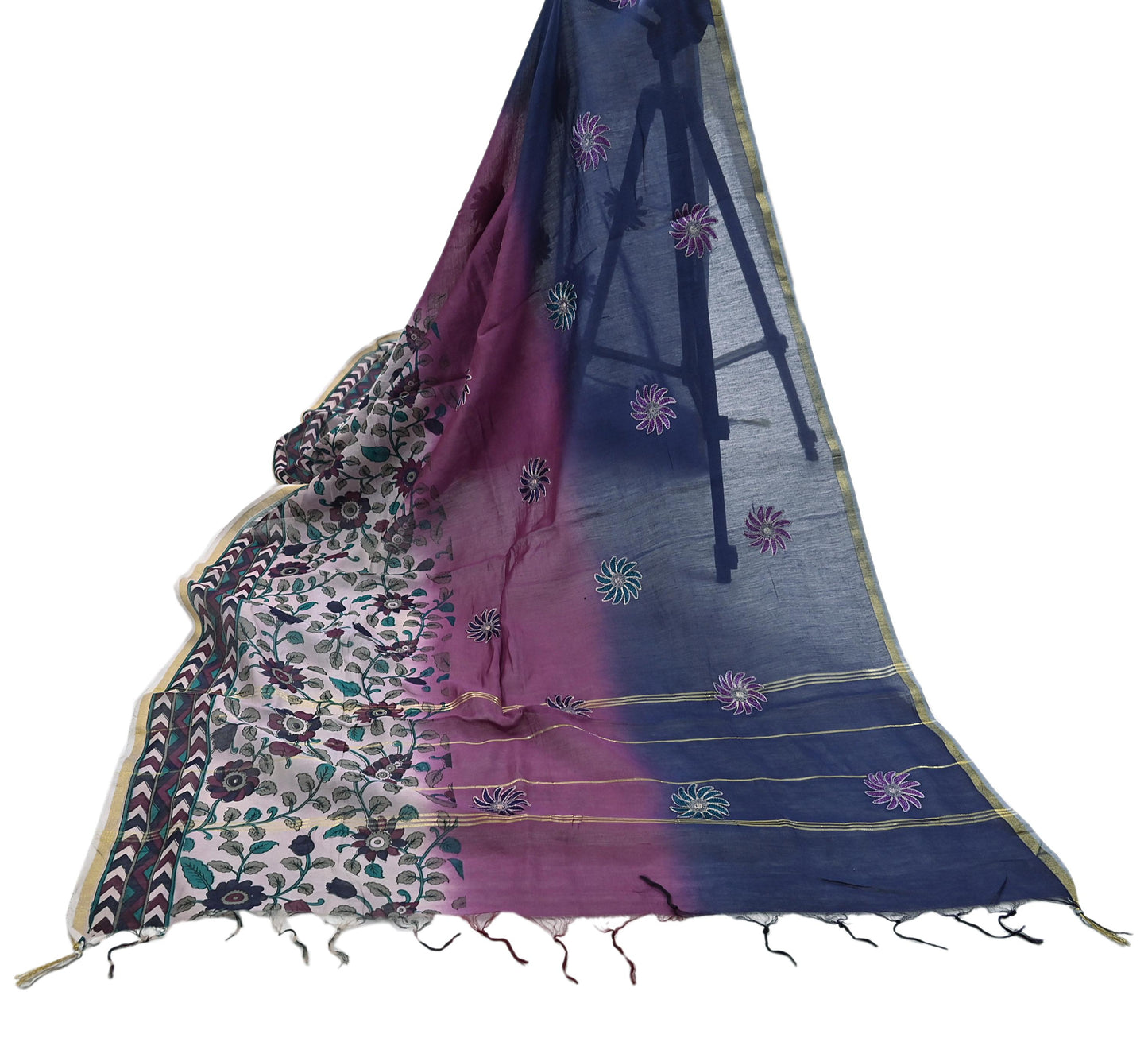 Indian Vintage Dupatta Long Stole Block Print Pure Chanderi Silk Scarves Veil Zari Wrap Hijab Fringes