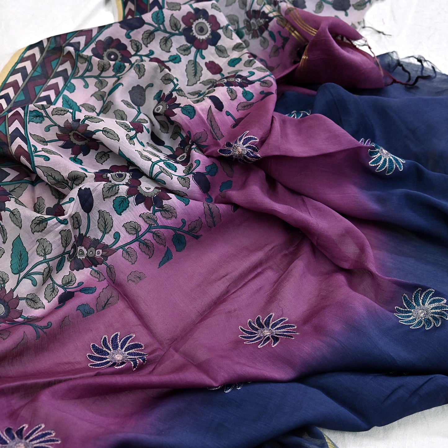 Indian Vintage Dupatta Long Stole Block Print Pure Chanderi Silk Scarves Veil Zari Wrap Hijab Fringes