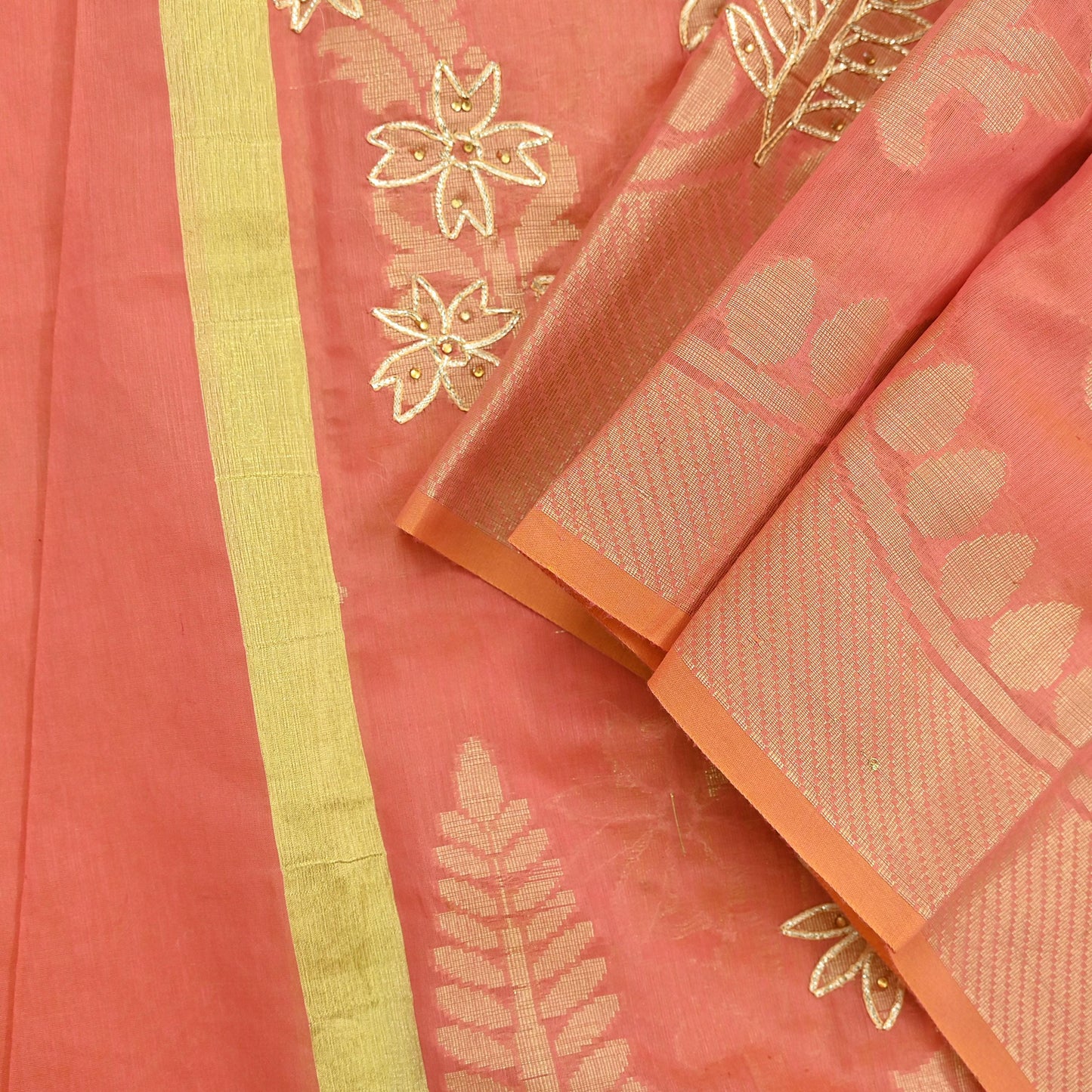 Indian Vintage Dupatta Peach Organza Long Stole Hand Embroidered Scarves Veil Zari Sequins