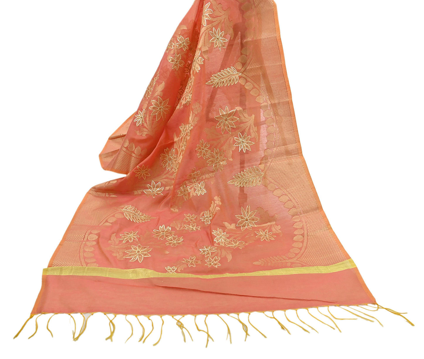 Indian Vintage Dupatta Peach Organza Long Stole Hand Embroidered Scarves Veil Zari Sequins