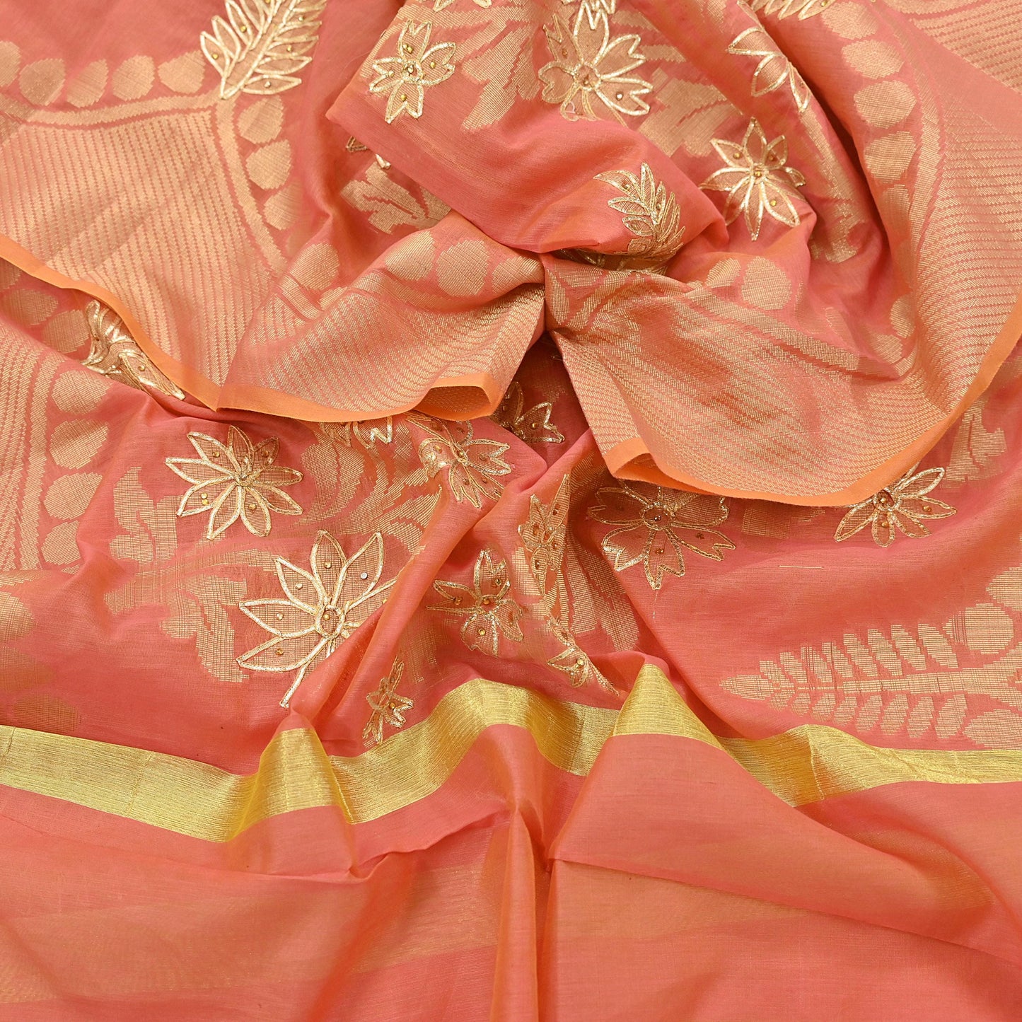 Indian Vintage Dupatta Peach Organza Long Stole Hand Embroidered Scarves Veil Zari Sequins