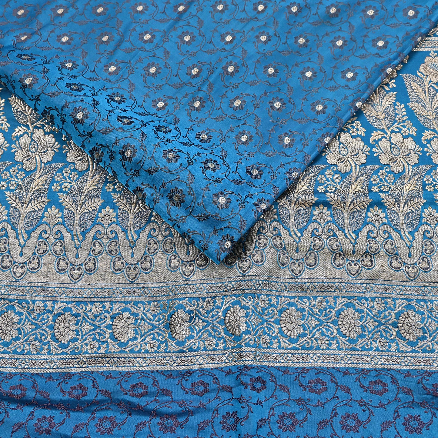 Vintage Banarasi Saree Pure Satin Silk Woven Brocade Zari Fabric Blue Heavy Craft Sari 5 Yards Indian Antique Textile Dress Making