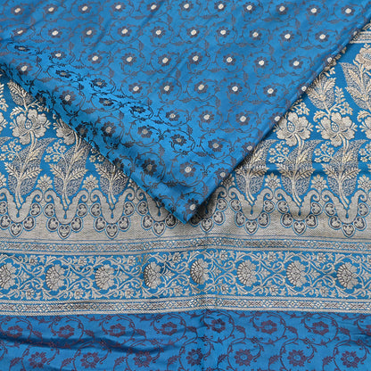 Vintage Banarasi Saree Pure Satin Silk Woven Brocade Zari Fabric Blue Heavy Craft Sari 5 Yards Indian Antique Textile Dress Making