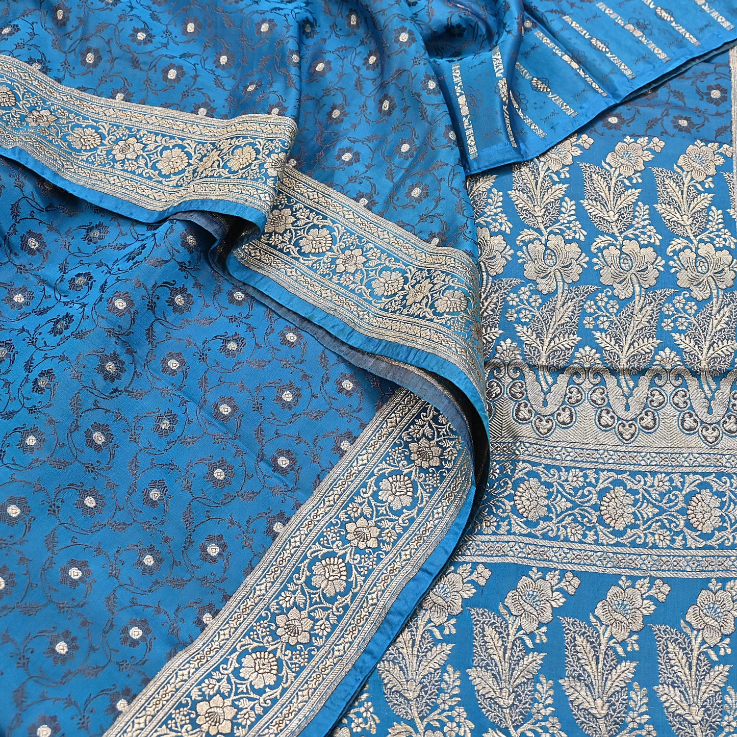 Vintage Banarasi Saree Pure Satin Silk Woven Brocade Zari Fabric Blue Heavy Craft Sari 5 Yards Indian Antique Textile Dress Making