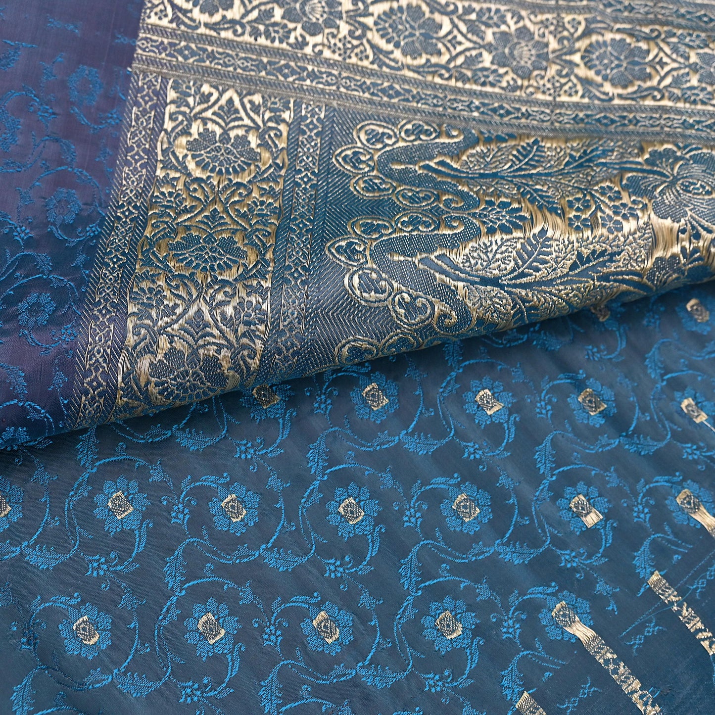 Vintage Banarasi Saree Pure Satin Silk Woven Brocade Zari Fabric Blue Heavy Craft Sari 5 Yards Indian Antique Textile Dress Making