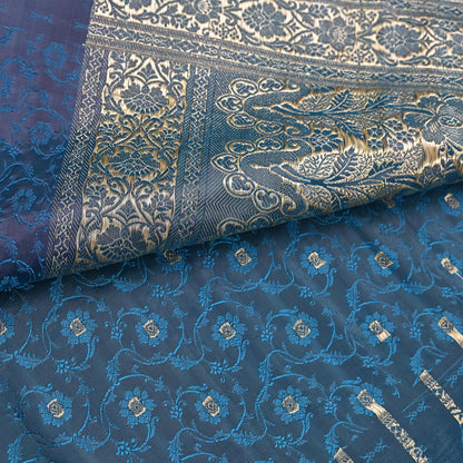 Vintage Banarasi Saree Pure Satin Silk Woven Brocade Zari Fabric Blue Heavy Craft Sari 5 Yards Indian Antique Textile Dress Making