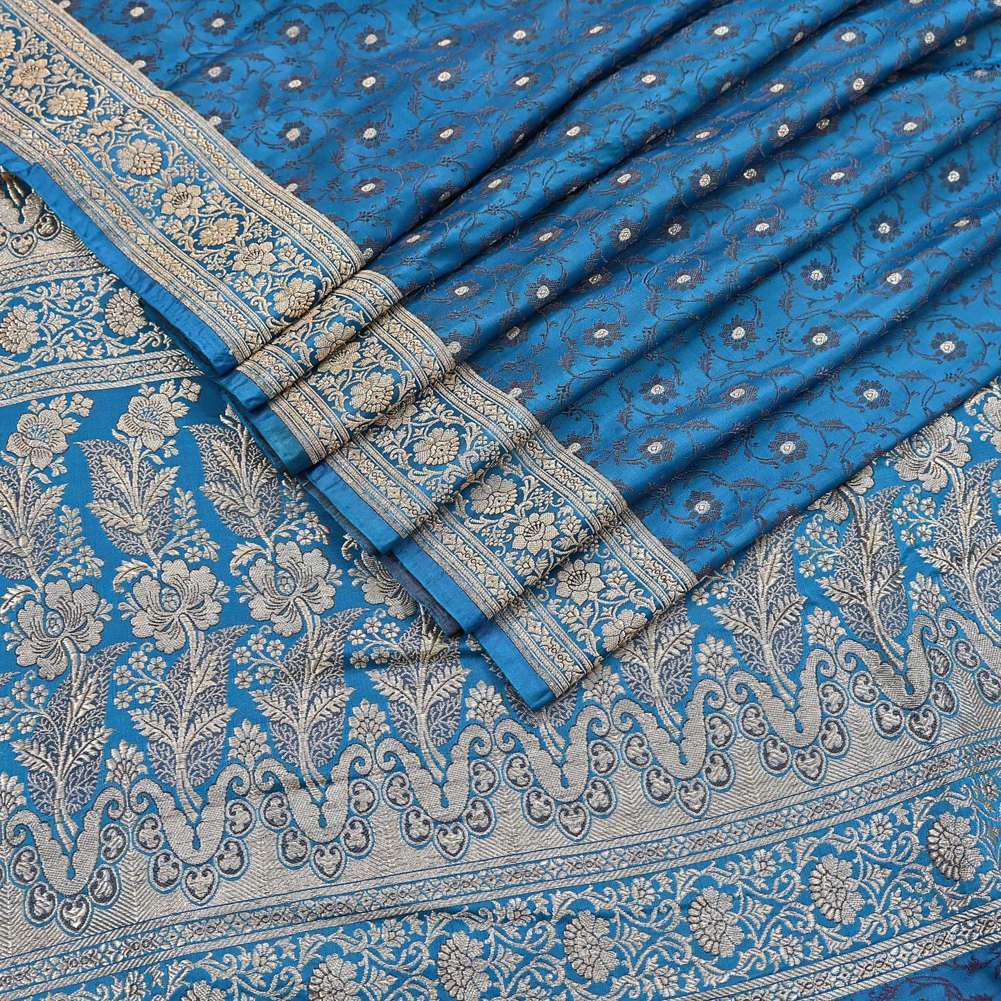 Vintage Banarasi Saree Pure Satin Silk Woven Brocade Zari Fabric Blue Heavy Craft Sari 5 Yards Indian Antique Textile Dress Making