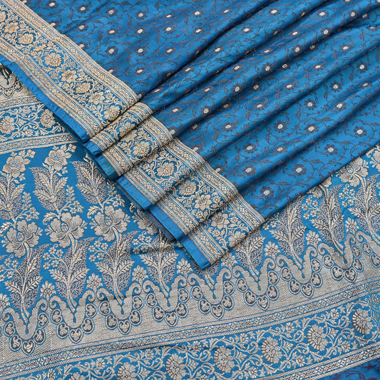Vintage Banarasi Saree Pure Satin Silk Woven Brocade Zari Fabric Blue Heavy Craft Sari 5 Yards Indian Antique Textile Dress Making