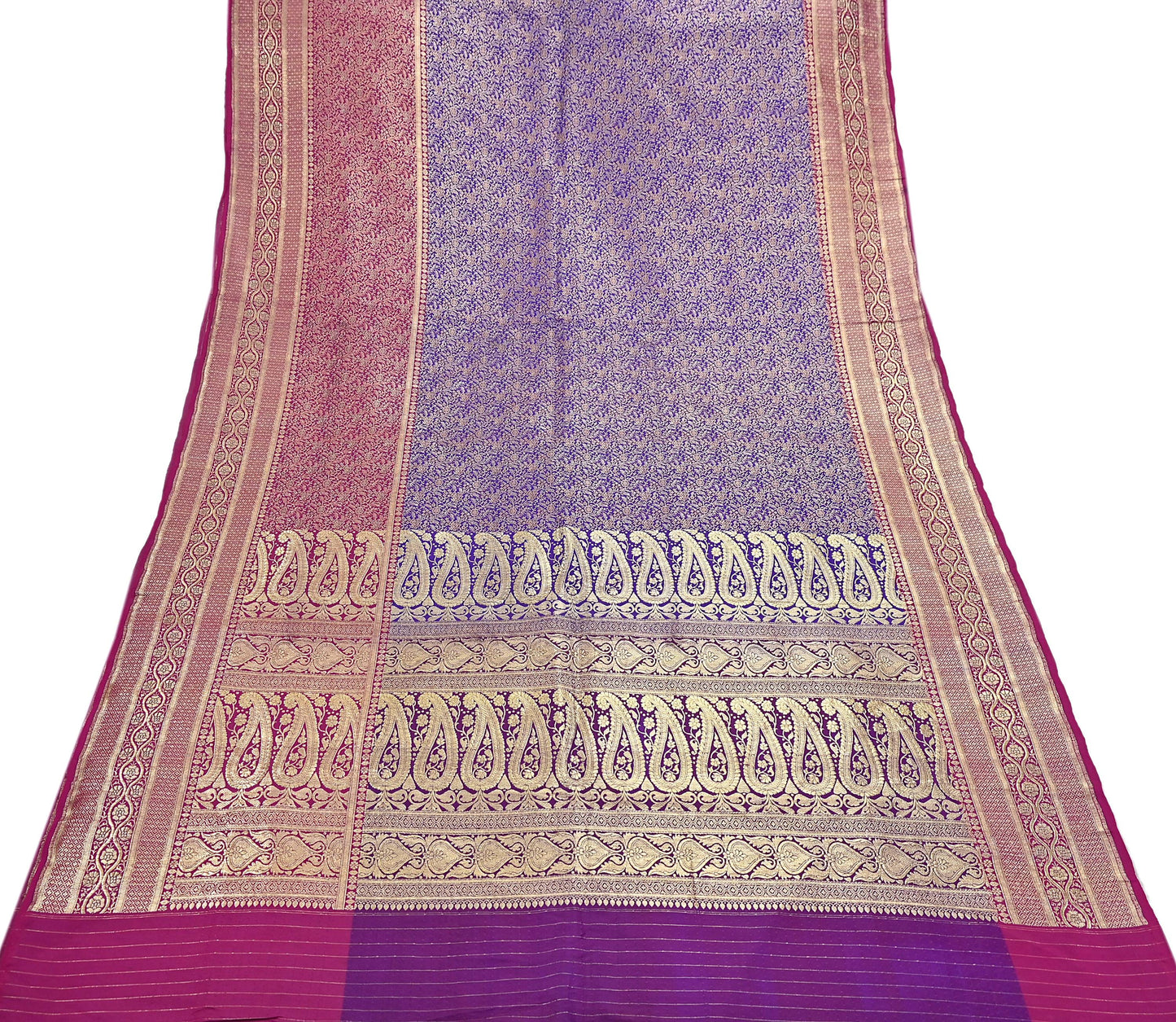 Vintage Banarasi Silk Saree Pink & Purple Heavy Satin Silk Brocade Fabric Golden Zari Bridal Wedding Crafting 5 Yard
