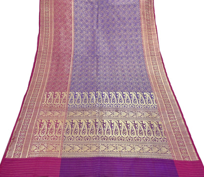 Vintage Banarasi Silk Saree Pink & Purple Heavy Satin Silk Brocade Fabric Golden Zari Bridal Wedding Crafting 5 Yard