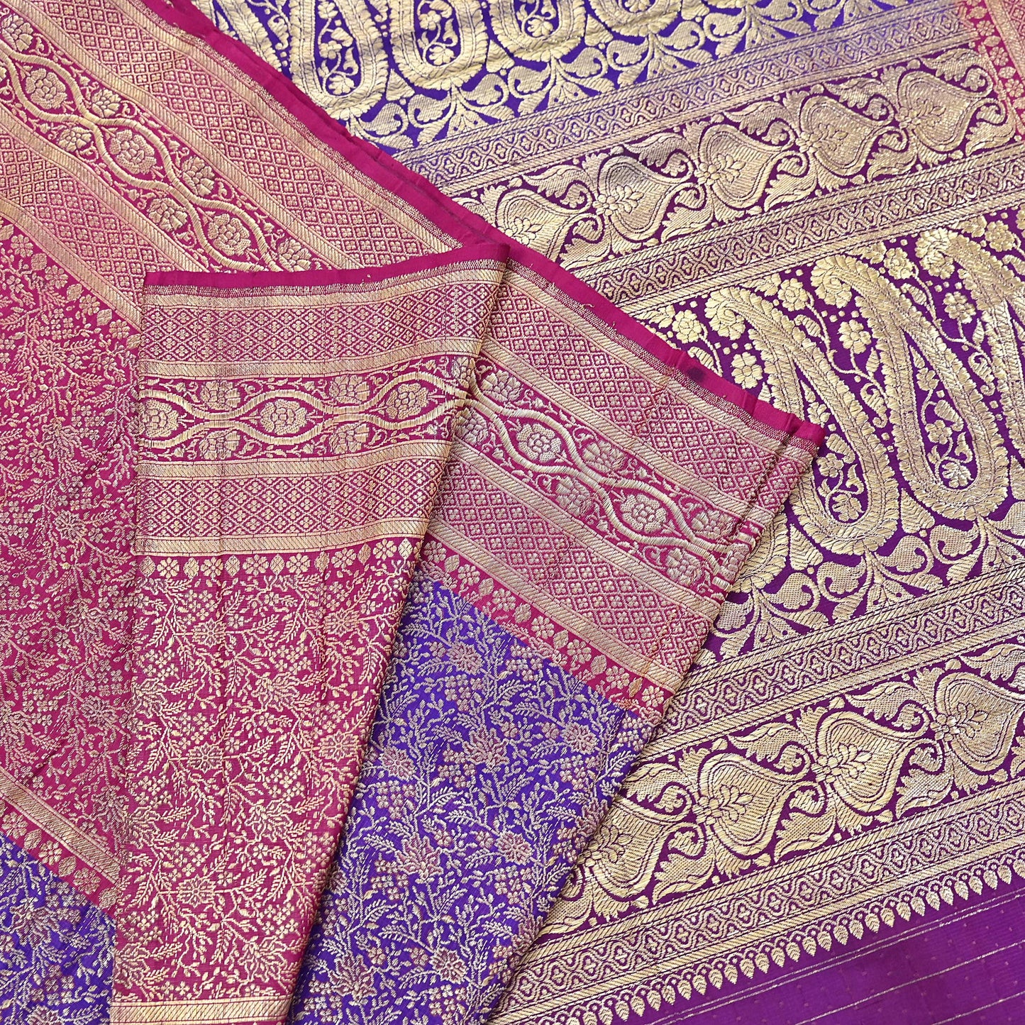 Vintage Banarasi Silk Saree Pink & Purple Heavy Satin Silk Brocade Fabric Golden Zari Bridal Wedding Crafting 5 Yard
