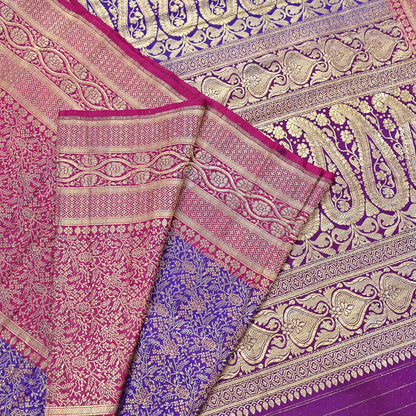 Vintage Banarasi Silk Saree Pink & Purple Heavy Satin Silk Brocade Fabric Golden Zari Bridal Wedding Crafting 5 Yard