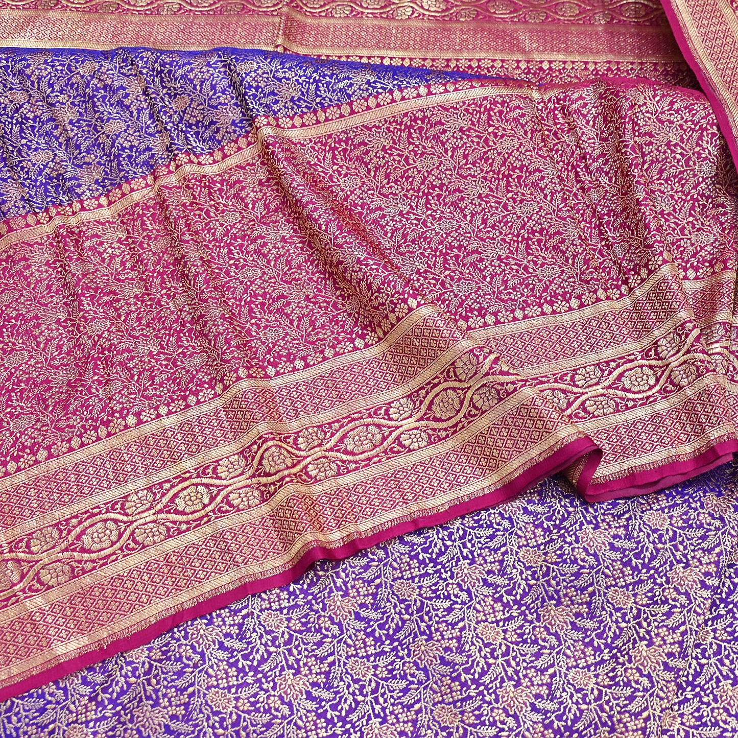 Vintage Banarasi Silk Saree Pink & Purple Heavy Satin Silk Brocade Fabric Golden Zari Bridal Wedding Crafting 5 Yard