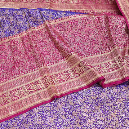 Vintage Banarasi Silk Saree Pink & Purple Heavy Satin Silk Brocade Fabric Golden Zari Bridal Wedding Crafting 5 Yard