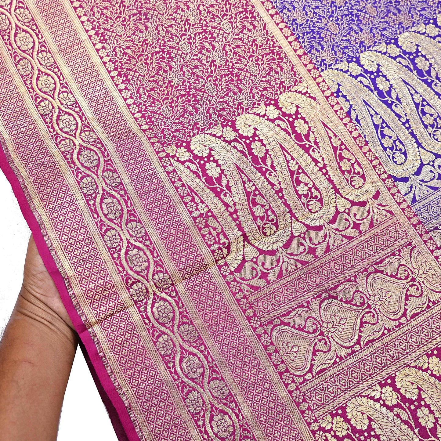 Vintage Banarasi Silk Saree Pink & Purple Heavy Satin Silk Brocade Fabric Golden Zari Bridal Wedding Crafting 5 Yard
