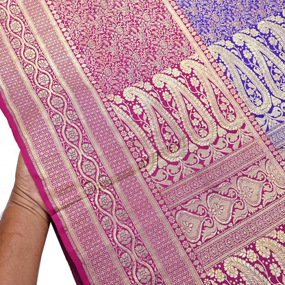 Vintage Banarasi Silk Saree Pink & Purple Heavy Satin Silk Brocade Fabric Golden Zari Bridal Wedding Crafting 5 Yard