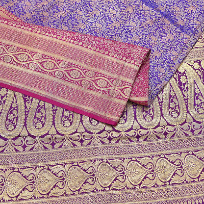 Vintage Banarasi Silk Saree Pink & Purple Heavy Satin Silk Brocade Fabric Golden Zari Bridal Wedding Crafting 5 Yard