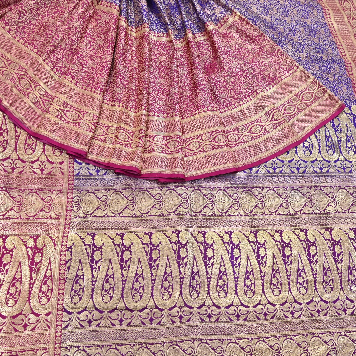 Vintage Banarasi Silk Saree Pink & Purple Heavy Satin Silk Brocade Fabric Golden Zari Bridal Wedding Crafting 5 Yard