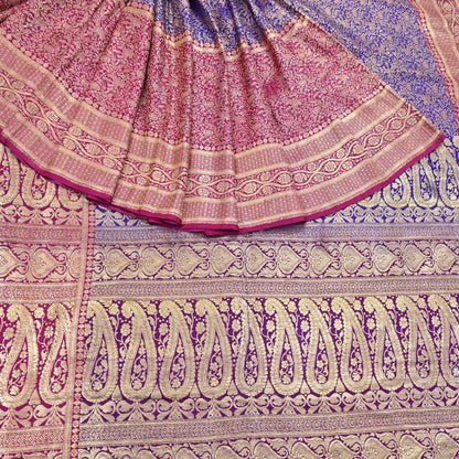 Vintage Banarasi Silk Saree Pink & Purple Heavy Satin Silk Brocade Fabric Golden Zari Bridal Wedding Crafting 5 Yard