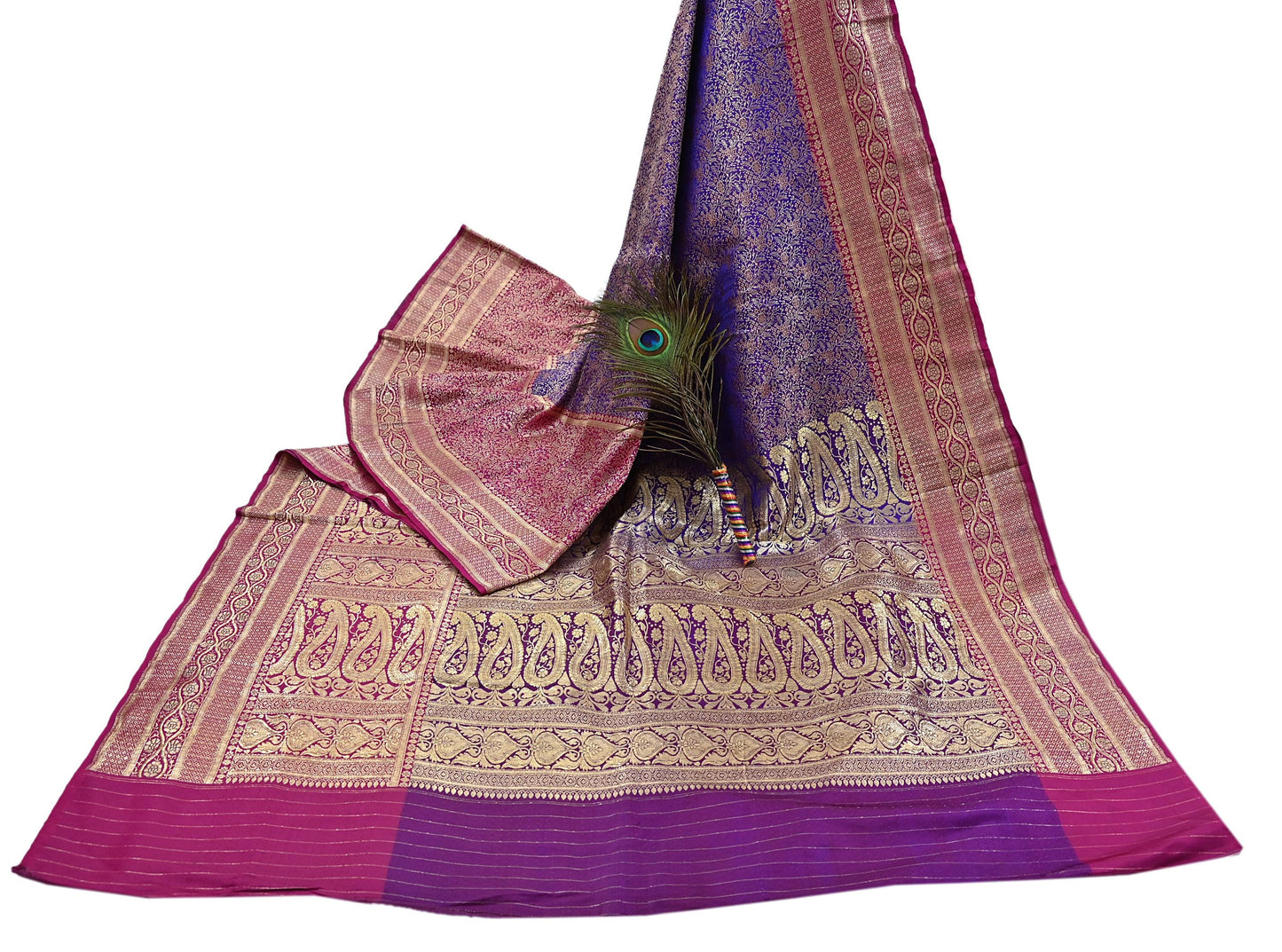 Vintage Banarasi Silk Saree Pink & Purple Heavy Satin Silk Brocade Fabric Golden Zari Bridal Wedding Crafting 5 Yard