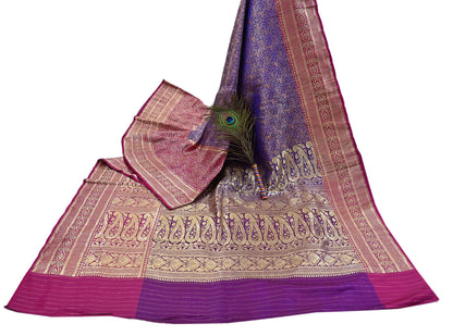 Vintage Banarasi Silk Saree Pink & Purple Heavy Satin Silk Brocade Fabric Golden Zari Bridal Wedding Crafting 5 Yard