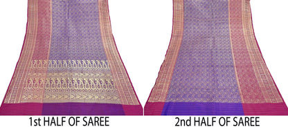 Vintage Banarasi Silk Saree Pink & Purple Heavy Satin Silk Brocade Fabric Golden Zari Bridal Wedding Crafting 5 Yard