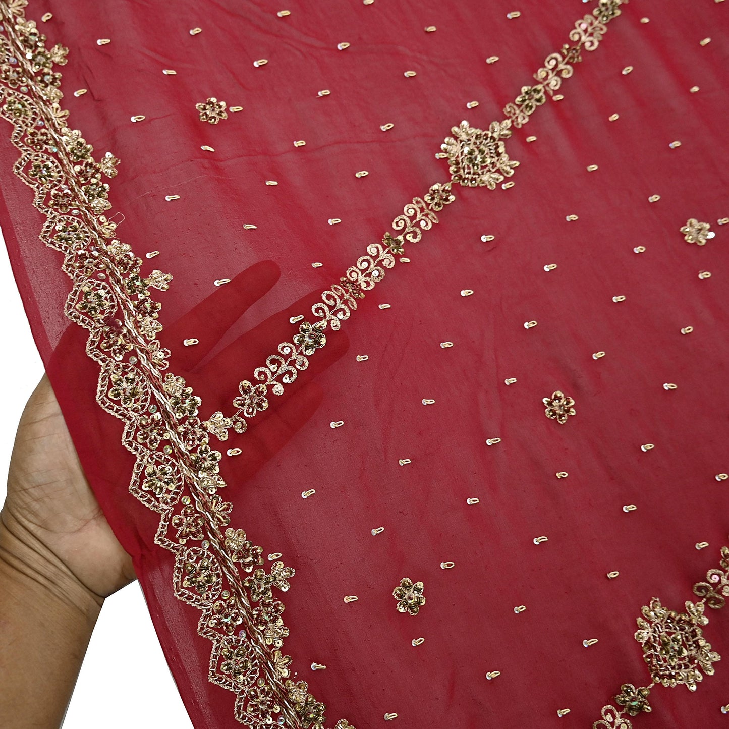 Indian Vintage Heavy Bridal Red Dupatta Pure Georgette Silk Long Stole Hand Embroidered Scarf Zardozi/Dabka Wedding red Hijab veil Boho