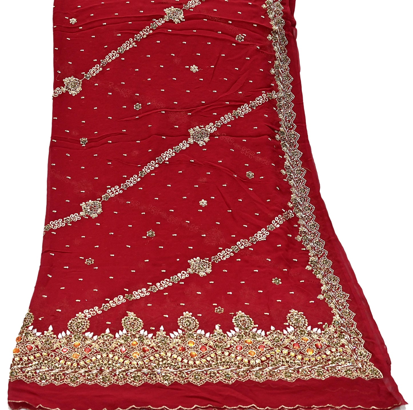 Indian Vintage Heavy Bridal Red Dupatta Pure Georgette Silk Long Stole Hand Embroidered Scarf Zardozi/Dabka Wedding red Hijab veil Boho