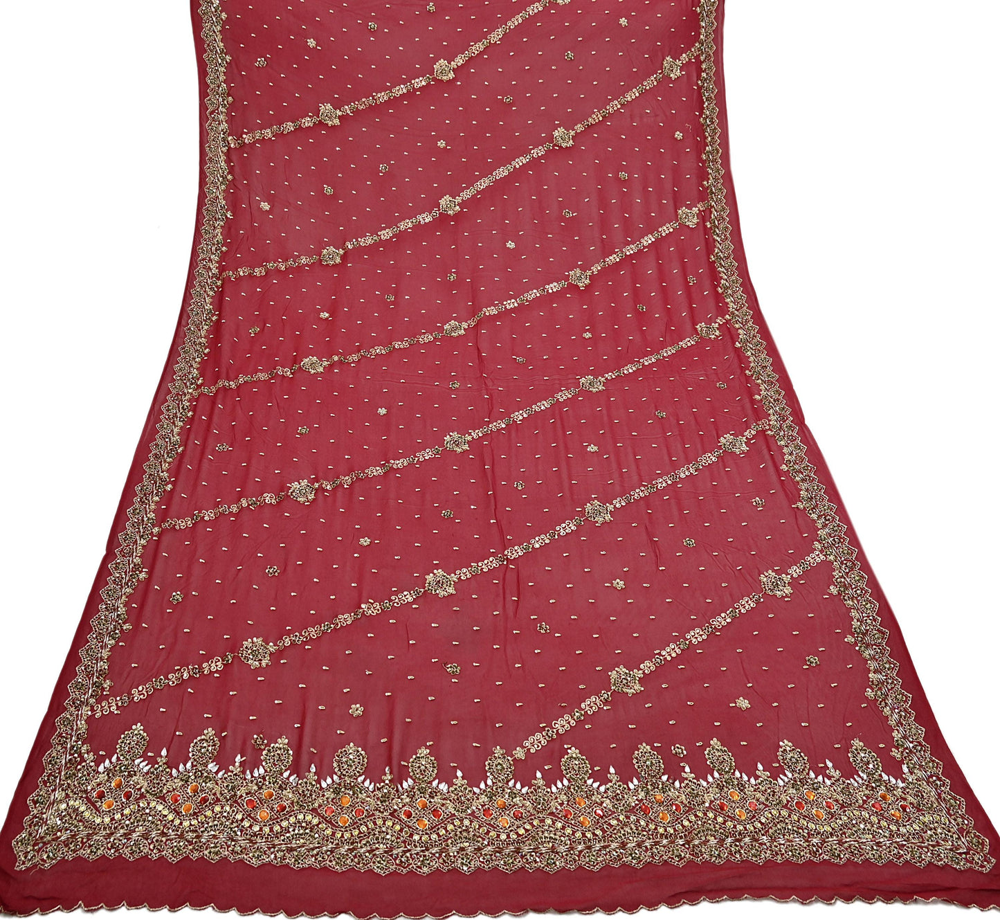 Indian Vintage Heavy Bridal Red Dupatta Pure Georgette Silk Long Stole Hand Embroidered Scarf Zardozi/Dabka Wedding red Hijab veil Boho