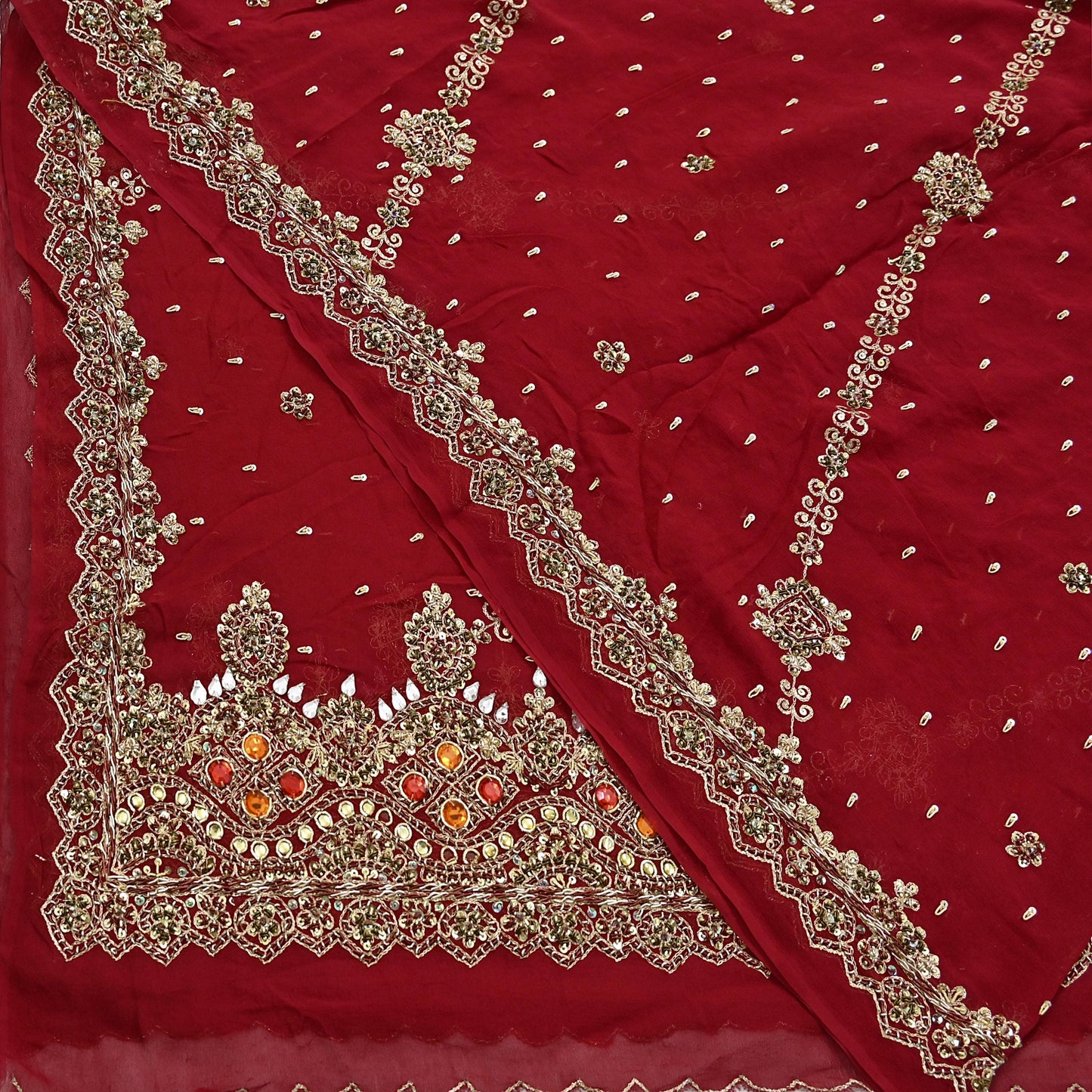 Indian Vintage Heavy Bridal Red Dupatta Pure Georgette Silk Long Stole Hand Embroidered Scarf Zardozi/Dabka Wedding red Hijab veil Boho