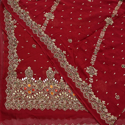 Indian Vintage Heavy Bridal Red Dupatta Pure Georgette Silk Long Stole Hand Embroidered Scarf Zardozi/Dabka Wedding red Hijab veil Boho
