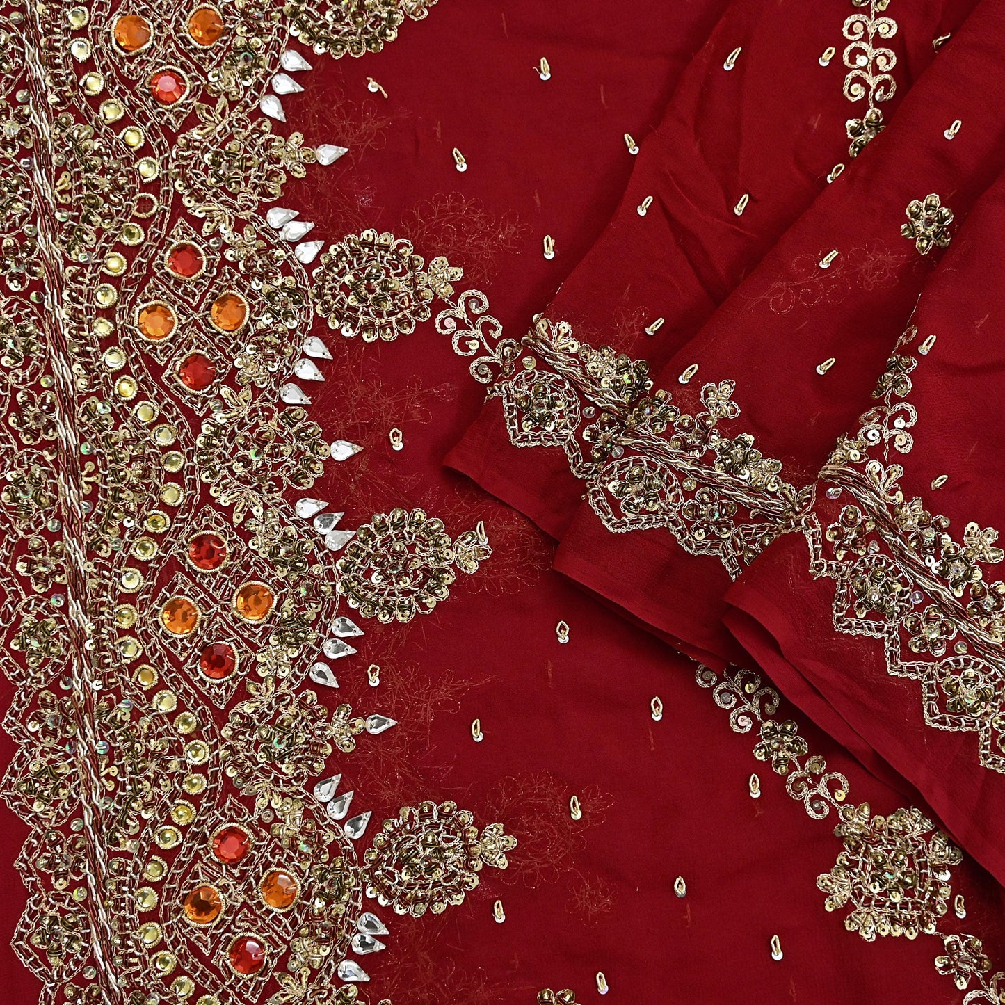 Indian Vintage Heavy Bridal Red Dupatta Pure Georgette Silk Long Stole Hand Embroidered Scarf Zardozi/Dabka Wedding red Hijab veil Boho