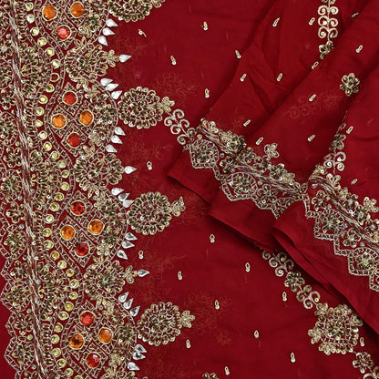 Indian Vintage Heavy Bridal Red Dupatta Pure Georgette Silk Long Stole Hand Embroidered Scarf Zardozi/Dabka Wedding red Hijab veil Boho