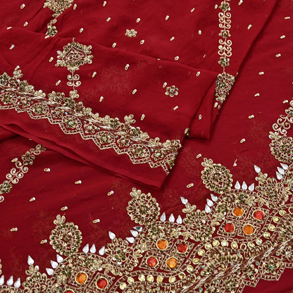 Indian Vintage Heavy Bridal Red Dupatta Pure Georgette Silk Long Stole Hand Embroidered Scarf Zardozi/Dabka Wedding red Hijab veil Boho