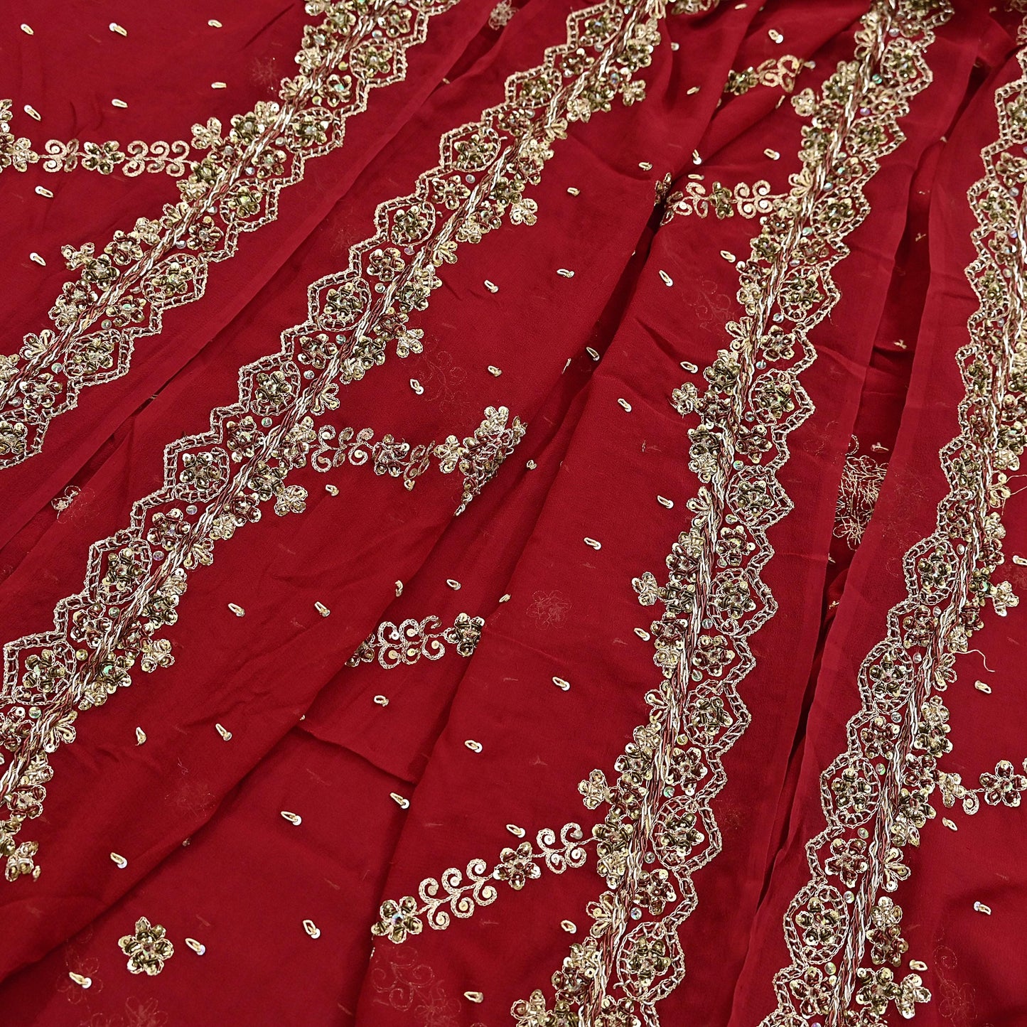 Indian Vintage Heavy Bridal Red Dupatta Pure Georgette Silk Long Stole Hand Embroidered Scarf Zardozi/Dabka Wedding red Hijab veil Boho