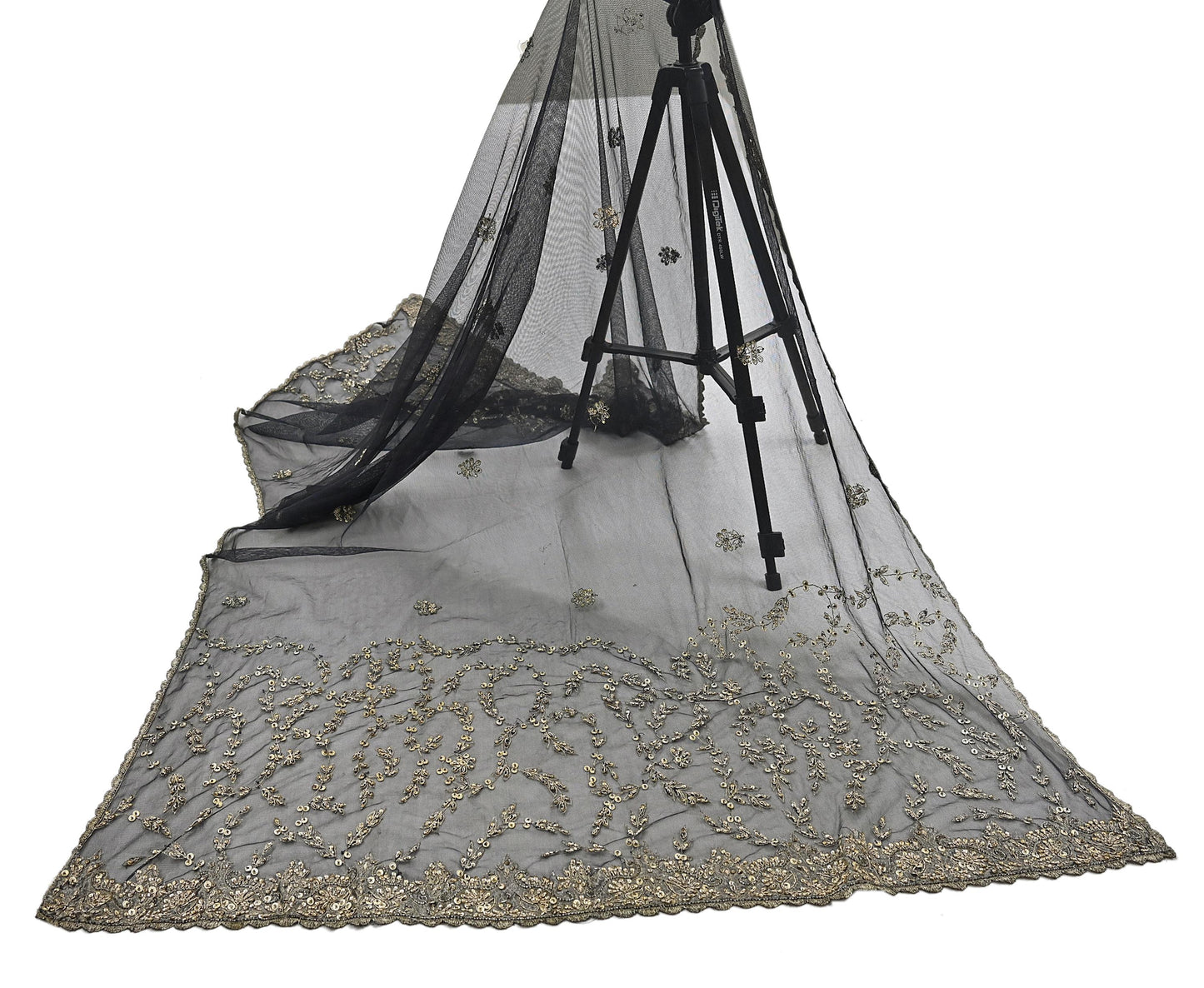 Indian Vintage Heavy Black Dupatta Net Mesh Long Stole Hand Embroidered Scarves Golden Zardozi Zari Sequins Stole