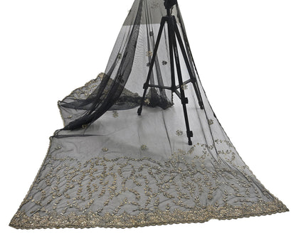 Indian Vintage Heavy Black Dupatta Net Mesh Long Stole Hand Embroidered Scarves Golden Zardozi Zari Sequins Stole