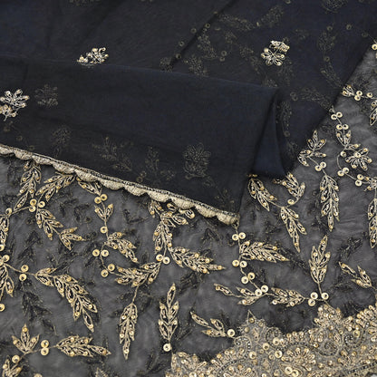 Indian Vintage Heavy Black Dupatta Net Mesh Long Stole Hand Embroidered Scarves Golden Zardozi Zari Sequins Stole