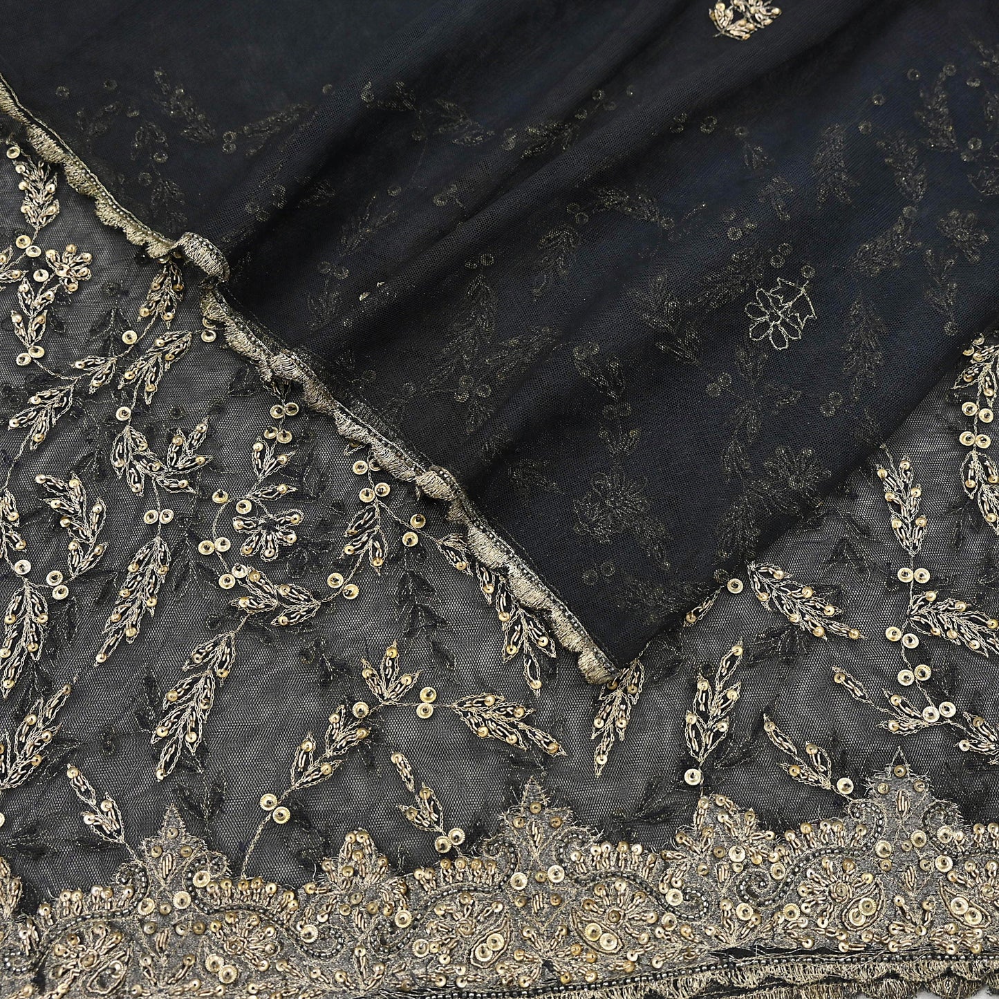 Indian Vintage Heavy Black Dupatta Net Mesh Long Stole Hand Embroidered Scarves Golden Zardozi Zari Sequins Stole