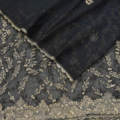 Indian Vintage Heavy Black Dupatta Net Mesh Long Stole Hand Embroidered Scarves Golden Zardozi Zari Sequins Stole