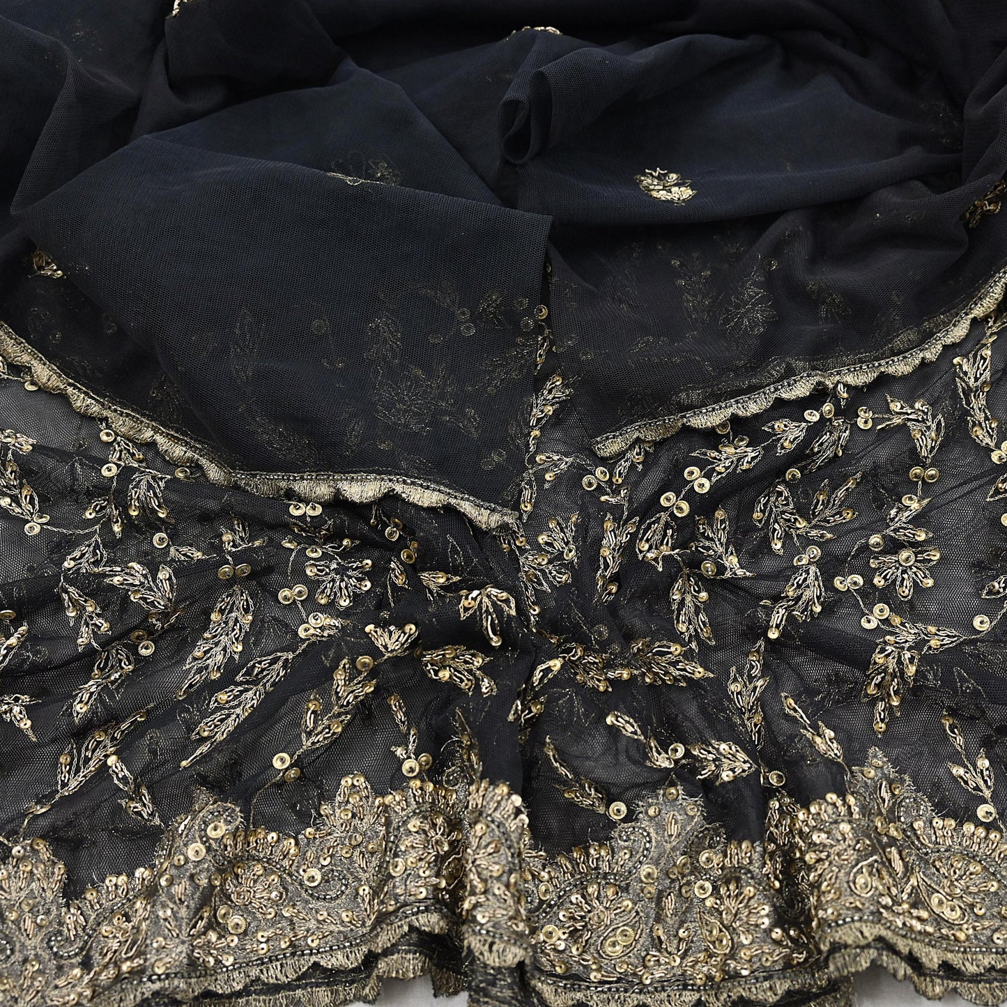 Indian Vintage Heavy Black Dupatta Net Mesh Long Stole Hand Embroidered Scarves Golden Zardozi Zari Sequins Stole