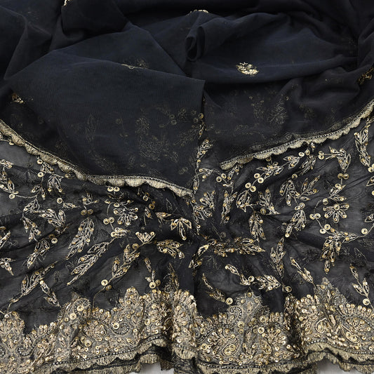 Indian Vintage Heavy Black Dupatta Net Mesh Long Stole Hand Embroidered Scarves Golden Zardozi Zari Sequins Stole