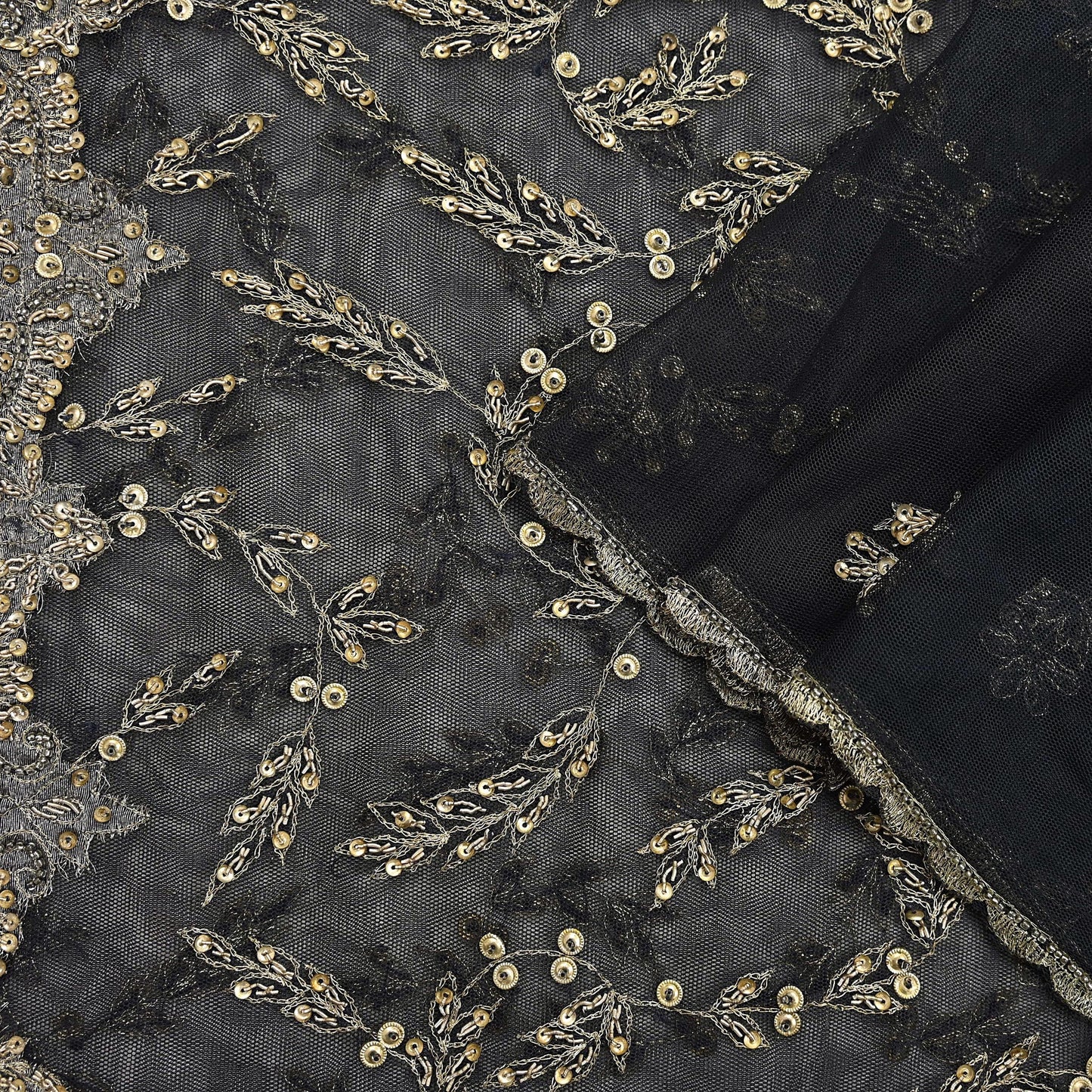 Indian Vintage Heavy Black Dupatta Net Mesh Long Stole Hand Embroidered Scarves Golden Zardozi Zari Sequins Stole