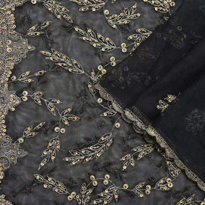 Indian Vintage Heavy Black Dupatta Net Mesh Long Stole Hand Embroidered Scarves Golden Zardozi Zari Sequins Stole