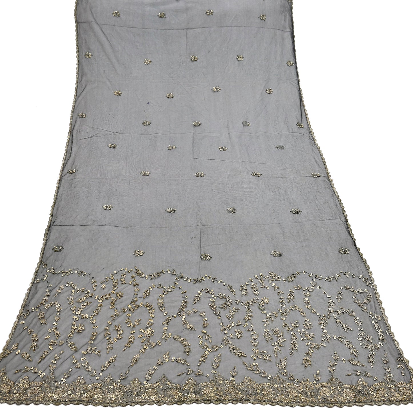 Indian Vintage Heavy Black Dupatta Net Mesh Long Stole Hand Embroidered Scarves Golden Zardozi Zari Sequins Stole