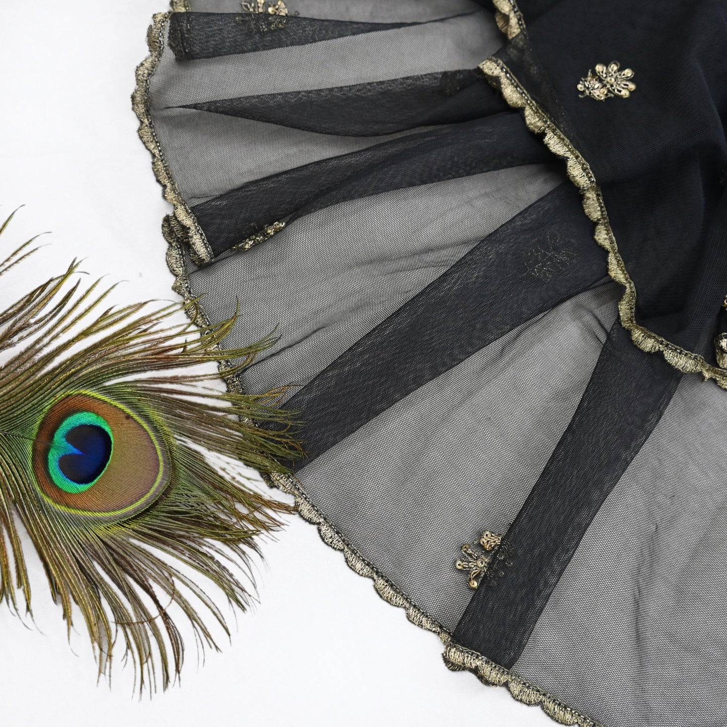Indian Vintage Heavy Black Dupatta Net Mesh Long Stole Hand Embroidered Scarves Golden Zardozi Zari Sequins Stole