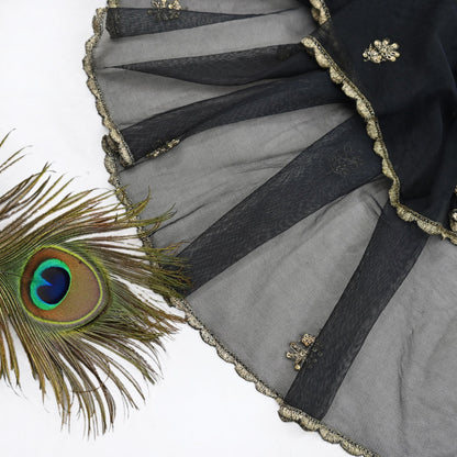 Indian Vintage Heavy Black Dupatta Net Mesh Long Stole Hand Embroidered Scarves Golden Zardozi Zari Sequins Stole