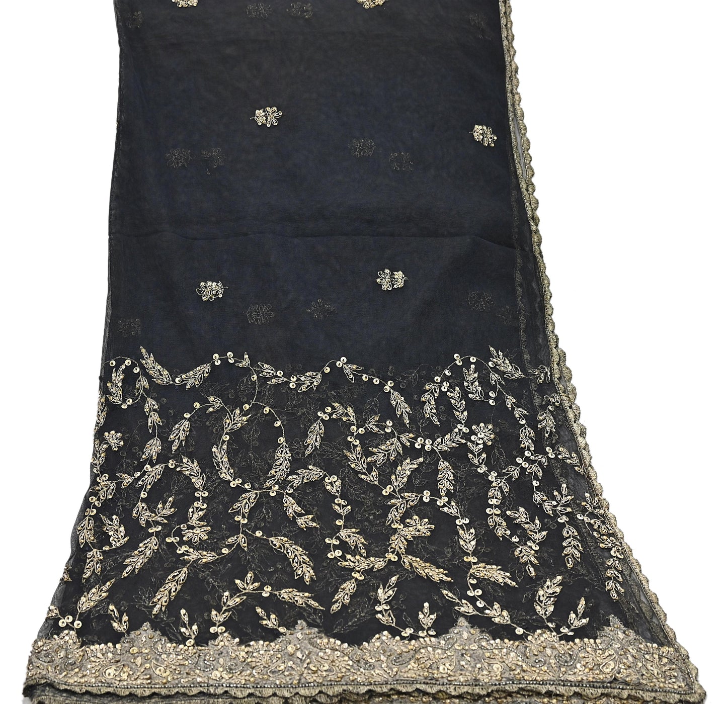 Indian Vintage Heavy Black Dupatta Net Mesh Long Stole Hand Embroidered Scarves Golden Zardozi Zari Sequins Stole