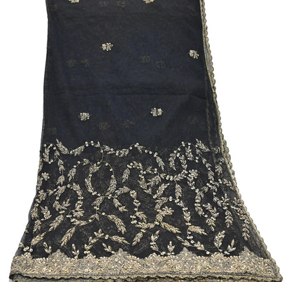 Indian Vintage Heavy Black Dupatta Net Mesh Long Stole Hand Embroidered Scarves Golden Zardozi Zari Sequins Stole